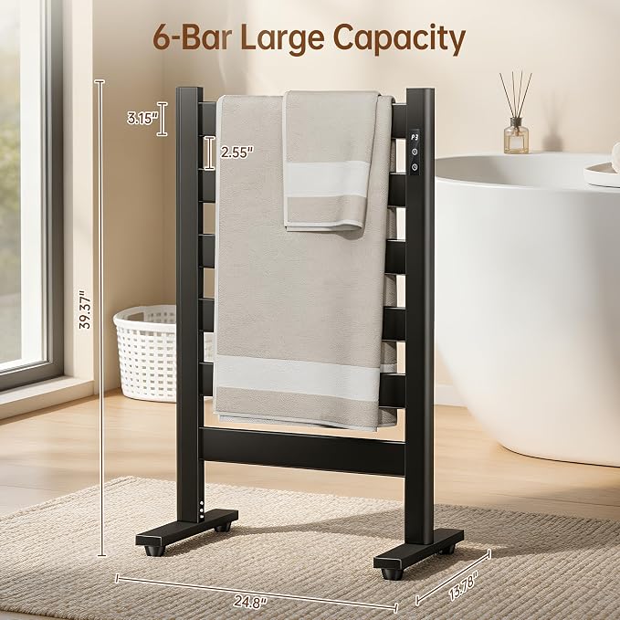 Heated Towel Rack – Rapid PTC Heating, LED Timer Control, High Temp & Large Capacity – 6 Bars Premium Freestanding Bathroom Towel Warmer,Matte Black
