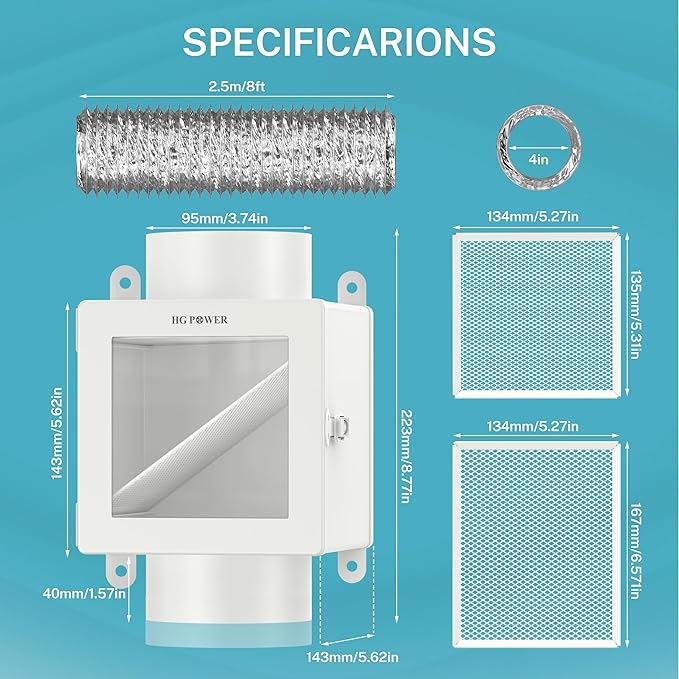 Metal Dryer Duct Lint Trap, HG Power Indoor Dryer Vent Kit, Indoor Dryer Vent for Electric Dryer, Dryer Lint Catcher for Dryer, Inline Dryer Lint Trap Box, 4" Dryer Vent Hose, 2 Hose Clamps