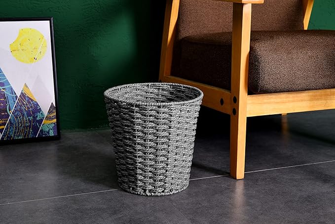 Zuvo Round Wicker Waste Basket Paper Bin - Wicker Trash Basket - Woven Trash Can Rubbish Basket for Bedroom, Bathroom, Offices or Home (Grey)