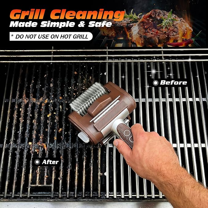 Electric Grill Brush for Outdoor Grill, Rechargeable BBQ Grill Cleaner Stainless Steel Brush with 450RPM Stainless Roller,LED Light, Scraper,Grilling Gifts for Men/Dad