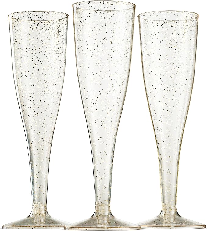 Munfix 100 Plastic Champagne Flutes - 5 Oz Disposable Gold Glitter Champagne Glasses for Parties, Mimosa Bar, Events, Wedding and Shower Party Supplies - Toasting Cocktail Cups