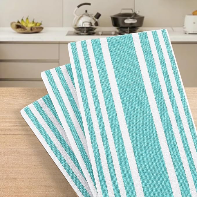 Homaxy Premium Kitchen Towels 18”x 28”, Large Cotton 380 GSM Kitchen Hand Towels, Stripe and Terry Dish Towel, Highly Absorbent Tea Towel Set with Hanging Loop, 3 Pack, Teal