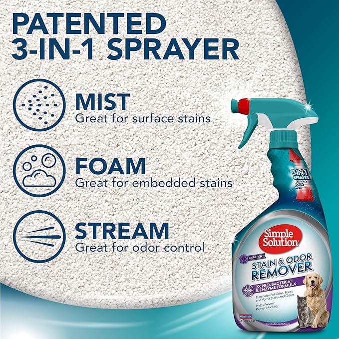 Simple Solution Stain & Odor Eliminator for Pets, Dog Stain Remover, Cat Urine Cleaner, Carpet Deodorizer, Pet Odor Eliminator for Home, Urine Destroyer, Carpet Cleaner Spray, Fresh Floral, 32 oz