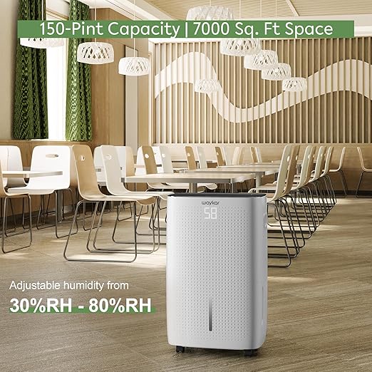Waykar 150 Pint 7,000 Sq.Ft Dehumidifier for Basement & Home, Large Room, Smart Compressor Dehumidifier with Drain Hose & Tank for Commercial, 30%-80% Humidity Control, 90° Auto Swing, Auto Defrost