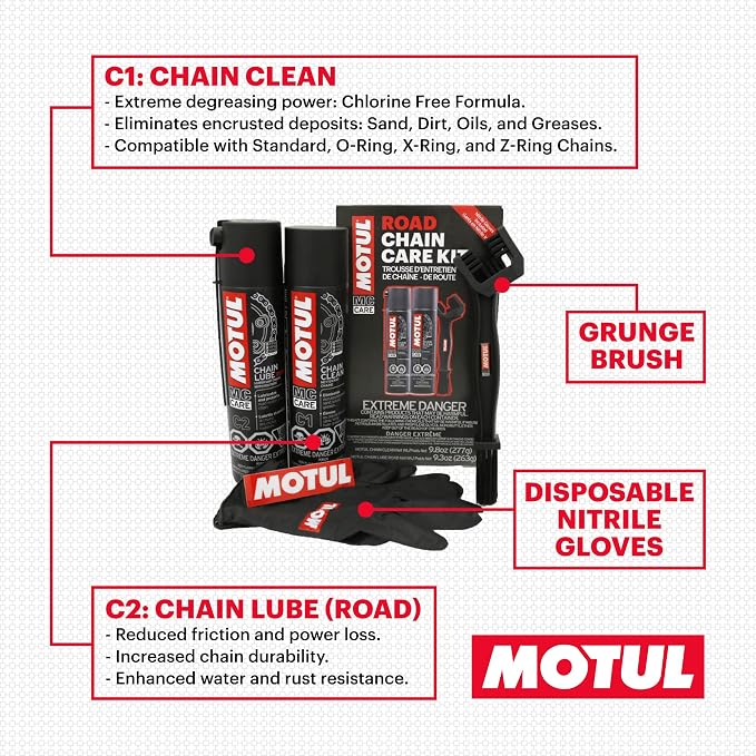 Motul C1 Chain Cleaner and C2 Motorcycle Chain Lube Kit with Brush, Gloves, and Sticker, Complete Road Motorcycle Maintenance Kit for Street Bikes and Karts