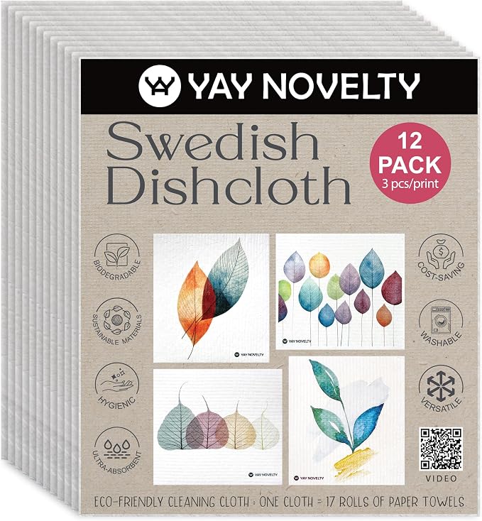 Swedish Dishcloths - 12 Pack | Made in Germany | Ultra-Absorbent, Reusable Cellulose Sponge Cloths for Kitchen | No-Odor, Eco-Friendly Cleaning Wipes | Water-Based Ink | Leaf Whisper