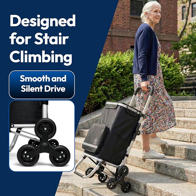Foldable Stair Climbing Shopping Cart with Wheels – 3-in-1 Grocery Trolley, Backpack & Hand Truck – Lightweight Aluminum Frame, Waterproof Insulated Bag, Side Pockets – Cart for Groceries & Laundry