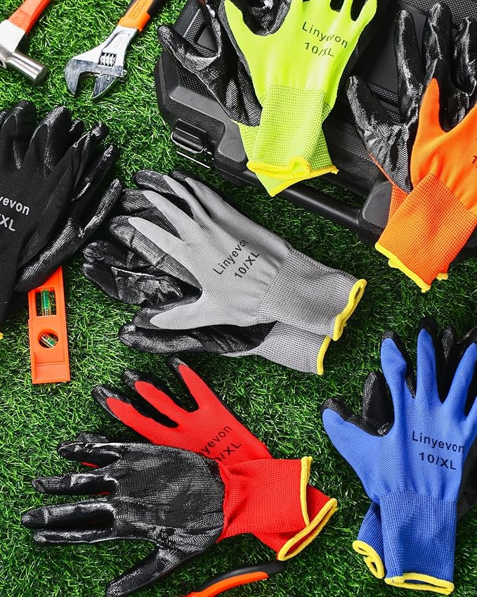 Maxcheck PU Coated Gloves Bulk, Reusable Rubber Safety Gloves for Men Women Work Warehouse, Mechanic, Woodworking