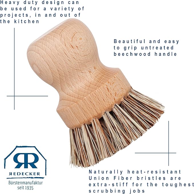 Redecker Pot Brush, Union Fibre, 2-Pack Heavy Duty Scrub Brushes for Pots, Cast Iron & Baked-On Residue, Beechwood, 2.6-Inch Round, Made in Germany
