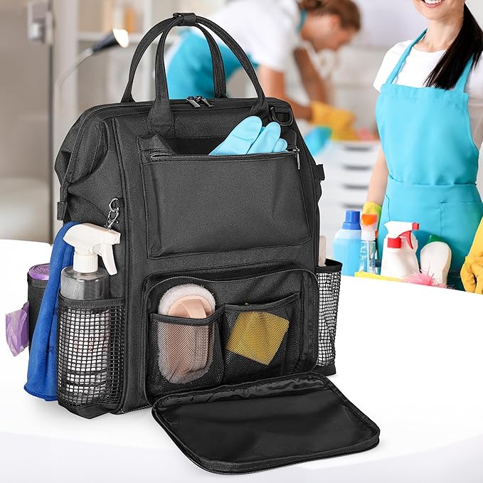 LoDrid Heavy Duty Cleaning Supplies Bag with Steel Frame Top, Large Cleaning Caddy with Adjustable Shoulder Straps and Multiple Pockets for Housekeeping Work, Black, Bag Only, Patent Designed