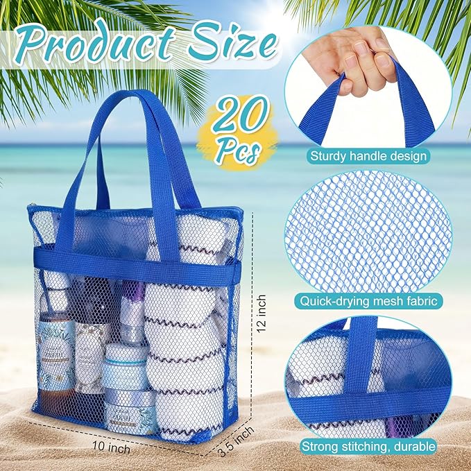 20 Pcs Mesh Shower Caddy Bags Portable Mesh Beach Bags Bulk with Zipper & 2 Pockets Hanging Toiletry and Bath Organizer for Gym Swimming Travel Camping College Dorms Beach (Classic Color)
