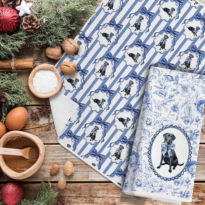 Chinoiserie Black Labrador Retriever Kitchen Towels, Blue and White Floral Black Lab Gifts Dish Tea Towels,Grandmillennial Botanical Dog Hand Towels for Kitchen Bathroom, 16x24 Inch Set of 2