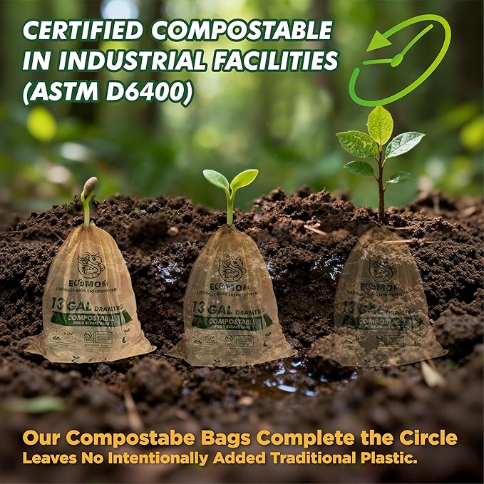 EcoMokii Compostable Trash Bags 13 Gallon with Drawstring, 60 Count, 49.2 Liter, 1.2 Mil Heavy Duty Compost Bags Extra Thick for Tall Kitchen Garbage Can, Unscented Food Waste Bag, BPI (ASTM D6400)