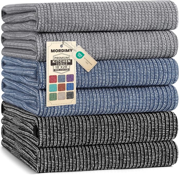 Mordimy Premium Kitchen Towels 6 Pack (18 x 28 Inches, Navy Blue/Grey/Black), Large Cotton Flat & Terry Kitchen Hand Towel, Super Absorbent Tea Dishtowels Set with Hanging Loop
