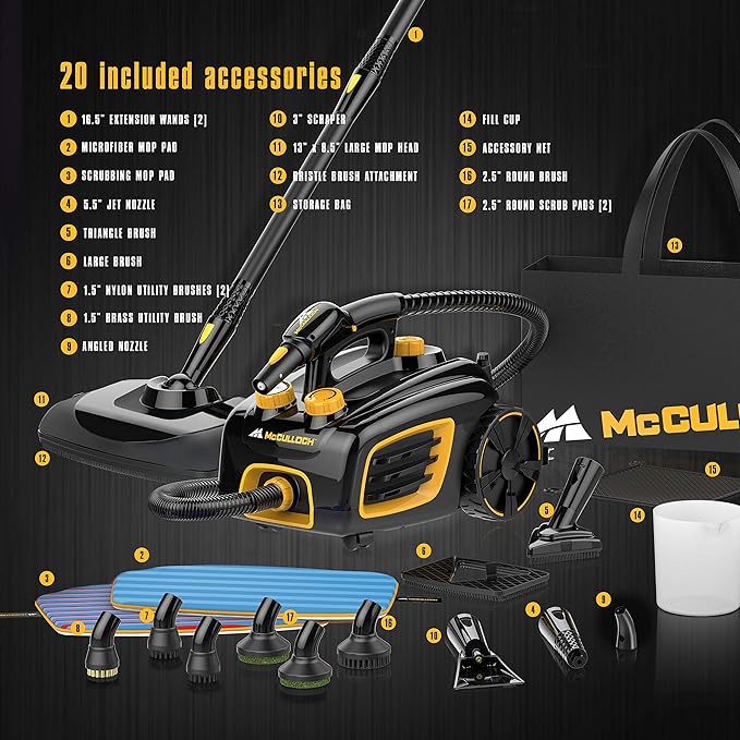 McCulloch MC1375 Canister Steam Cleaner with 20 Accessories & A1230-005 Nylon Utility Brush (5 Pack) & A1375-101 Replacement Scrubbing Microfiber Mop Pad for MC1375, MC1385, 2-Pack