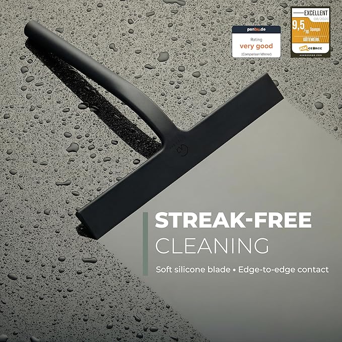 GÜTEWERK Silicone Shower Squeegee for Glass Doors & Mirrors with Stainless Steel Core, Streak-Free & No-Squeak Window Cleaning, 3-in-1 No-Drill Mount (Hook/Suction/Adhesive),Black, 13 Inches