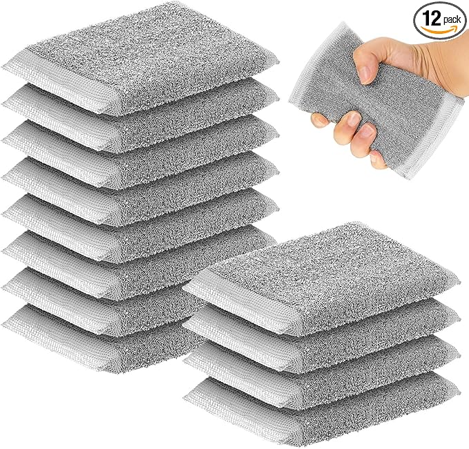 Thyle 12 Pack Steel Scrub Sponges for Dishes Non Scratch Scouring Multi Use Metal Scrubber Heavy Duty Dish Wash Kitchen Sponge for Pot Dish Washing Hard Surface Cleaning (Gray)