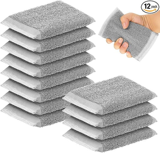 Thyle 12 Pack Steel Scrub Sponges for Dishes Non Scratch Scouring Multi Use Metal Scrubber Heavy Duty Dish Wash Kitchen Sponge for Pot Dish Washing Hard Surface Cleaning (Gray)