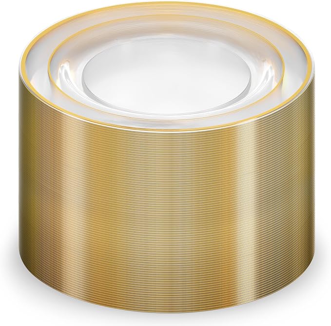 Munfix 100 Gold Plastic Plates Set, 10 Inch Disposable Dinner Plates, Elegant Fancy Heavy Duty for Party, Wedding, Clear with Gold Rim