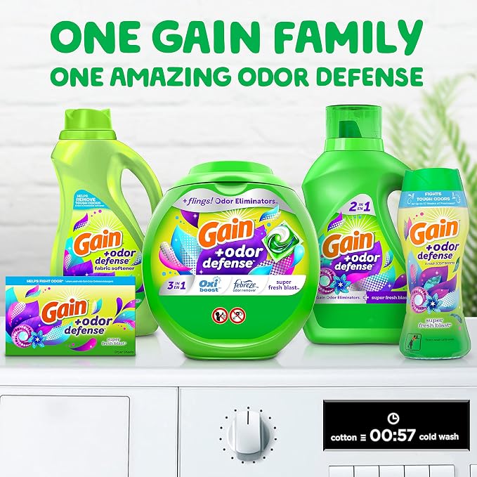 Gain Flings Laundry Detergent Pacs with Odor Defense, HE Compatible, 3in1 with Febreze and Oxi, Super Fresh Blast Scent, 81 Count