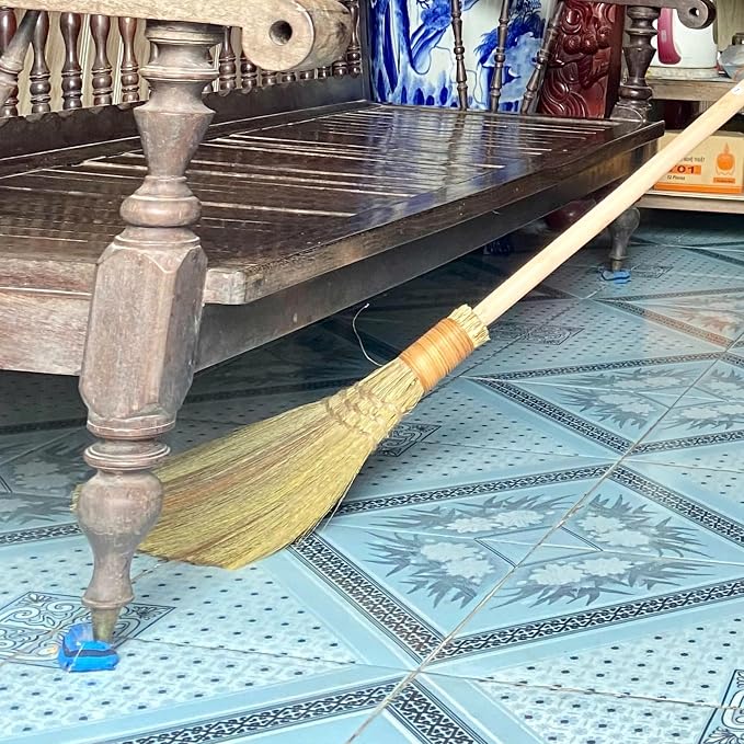Vietnamese Natural Whisk Broom - Straw Soft Broom - Long Handle Broomstick for Cleaning, Decoration, Wedding with 45.28 inch Length