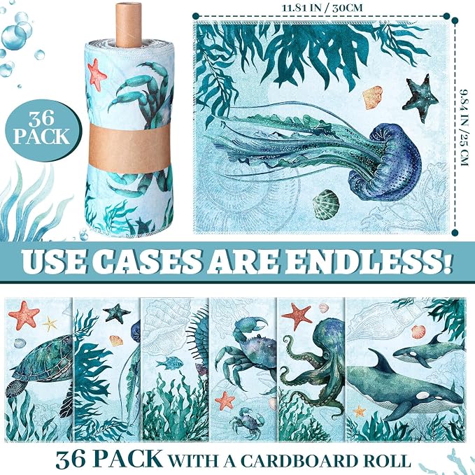 36 Pack Sea Animals Reusable Cleaning Cloths Washable Cotton Kitchen Towels for Home (Blue)