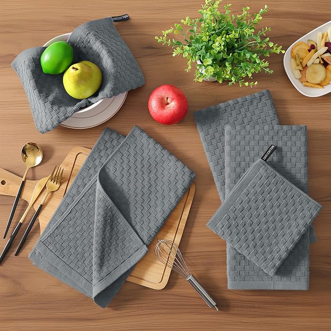 Homaxy 12 Pack Kitchen Dish Cloths (10 x 10 Inches, Grey) and Terry Kitchen Towels(15" x 25", 6 Pack, Dark Grey)
