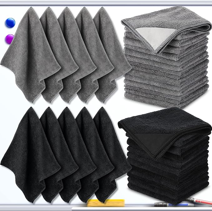 Tudomro 30 Pcs Magnetic Microfiber Cleaning Cloth Dry Erasers Bulk for Most Whiteboards Dry Erase Cloth Cleaner Reusable, Home, Office, 10'' x 10''(Black, Gray)