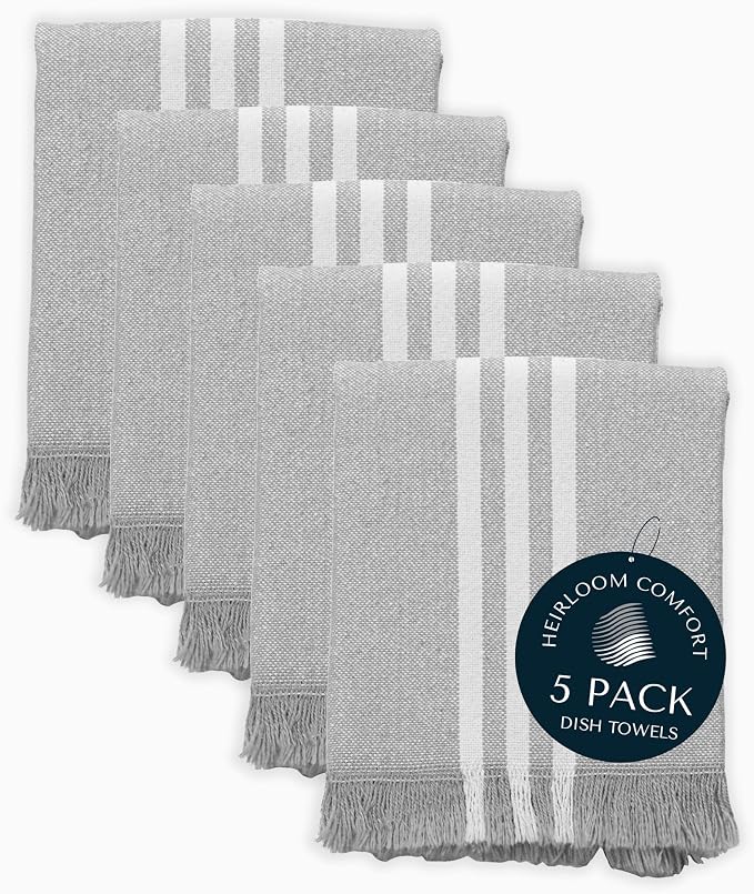 5 Pack Monochrome Stripe Kitchen Towels with Fringes, 16x26 Inch, 100% Cotton, Lint-Free, Absorbent & Washable Dish Towels for Drying Dishes, Everyday Kitchen Use, Dark Grey