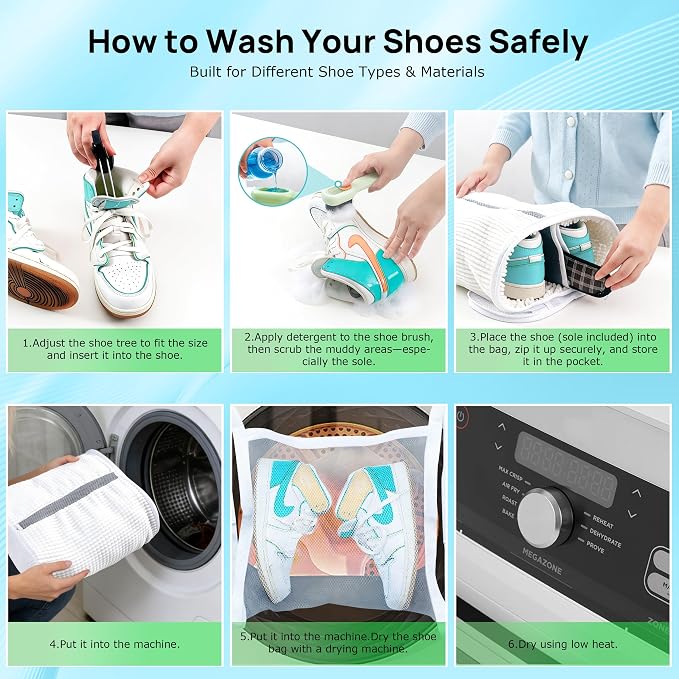 Upgraded Dual Compartment Design Shoe Bag for Washing Machine with Adjustable Shoes Trees& Sneaker Dryer Bag, 420g Heavy-Duty Shoe Washing Machine Bag, Clasp-Lock Zipper for Maximum Protection