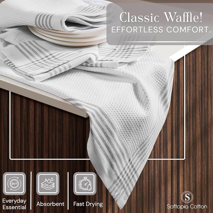 Waffle White & Multi Colors Kitchen Towels 12 Pack, 100% Cotton, 16x26 inches, Durable Dish Towel, Quick Dry Dishcloths, Ideal for Drying, Wiping - Light Grey, Lavender, Lemon Green