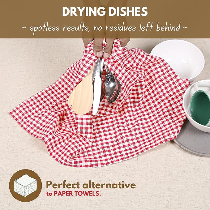 Native Fab Gingham Cotton Kitchen Towel 4 Pack 16"x26" - Absorbent Tea Linen Towels, Dish Cloths, Restaurant Cleaning Towel, Dish Towels with Hanging Loop, Red White
