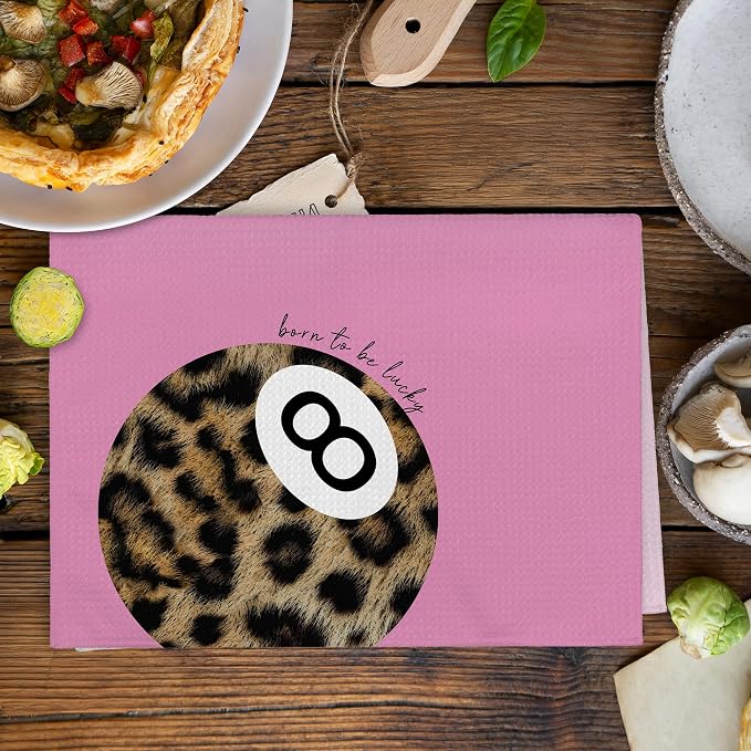 Trendy Leopard Cheetah Print Lucky 8 Ball Bathroom Decor, Preppy Girly Pink Leopard Decor Dish Hand Tea Towels for Bathroom Kitchen Sets of 2, Cheetah Kitchen Towels and Dishcloths,16x24 Inch