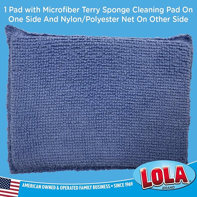 LOLA Microfiber Terry & Nylon Net Sponge Scrubber Pad, 2 Pack, Non Scratch 2-Way Cleaning, Gently Scrubs & Wipes Clean