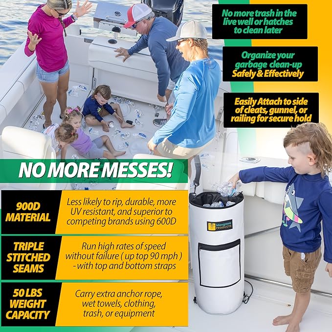 Mangrove Products: Portable Boat Trash Can, Reusable Trash Bag, Boating Equipment, Boat Storage, Boat Accessories Marine, Pontoon Boat Accessories, Fishing, Sandbar, RV, or Camping