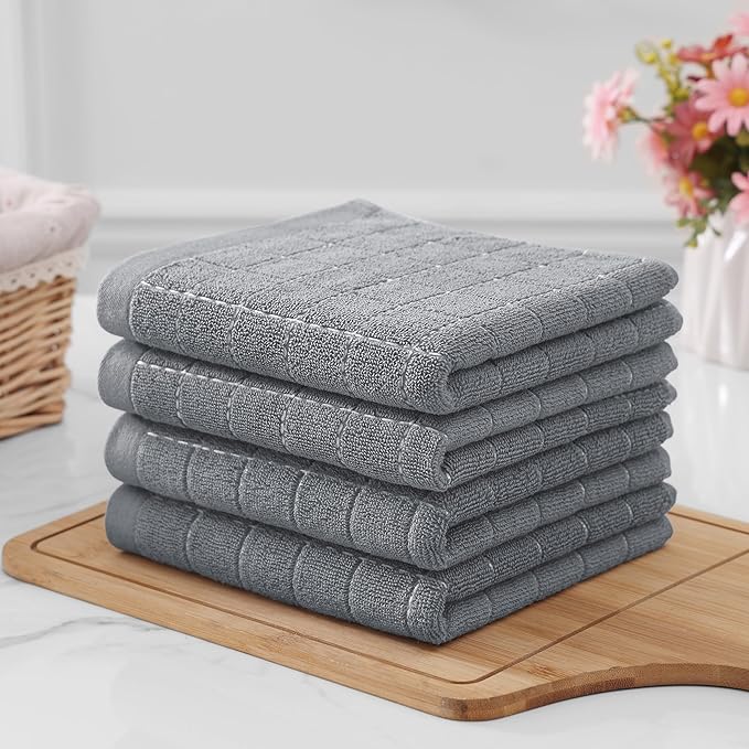 Homaxy 100% Cotton Terry Kitchen Towels(Grey, 13 x 28 inches), Checkered Designed, Soft and Super Absorbent Dish Towels, 6 Pack