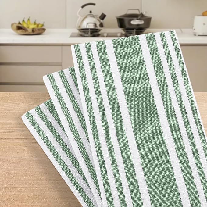 Homaxy Premium Kitchen Towels 18”x 28”, Large Cotton 380 GSM Kitchen Hand Towels, Stripe and Terry Dish Towel, Highly Absorbent Tea Towel Set with Hanging Loop, 3 Pack, Grass Green