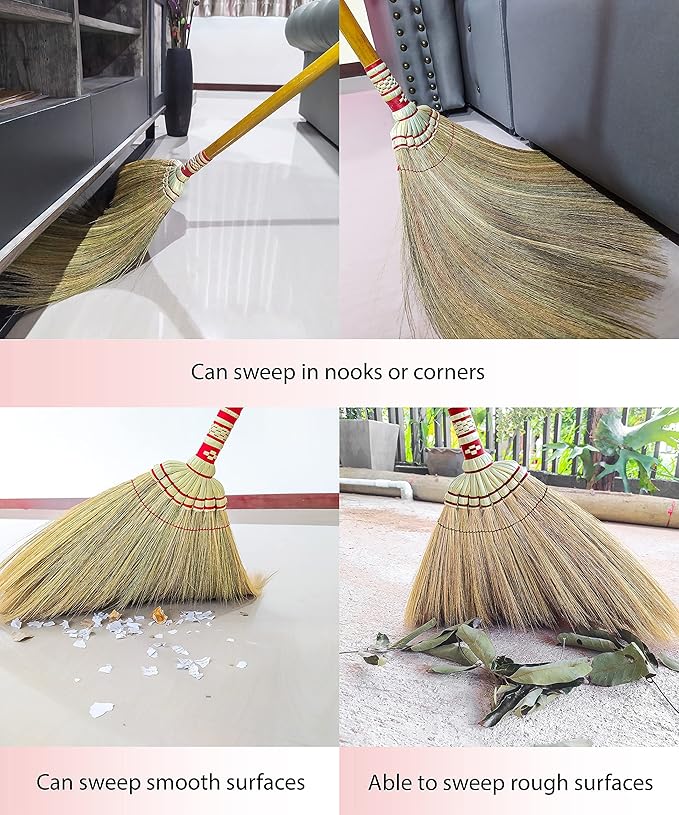 Indoor Grass Broom 40 Inch with Bamboo Handled Brooms for Floor Cleaning, Smooth & Hard Floor - Sweeping Tool Unique Handmade Craft Broom Design for Home, Kitchen, Office, Courtyard, Tiled Floor