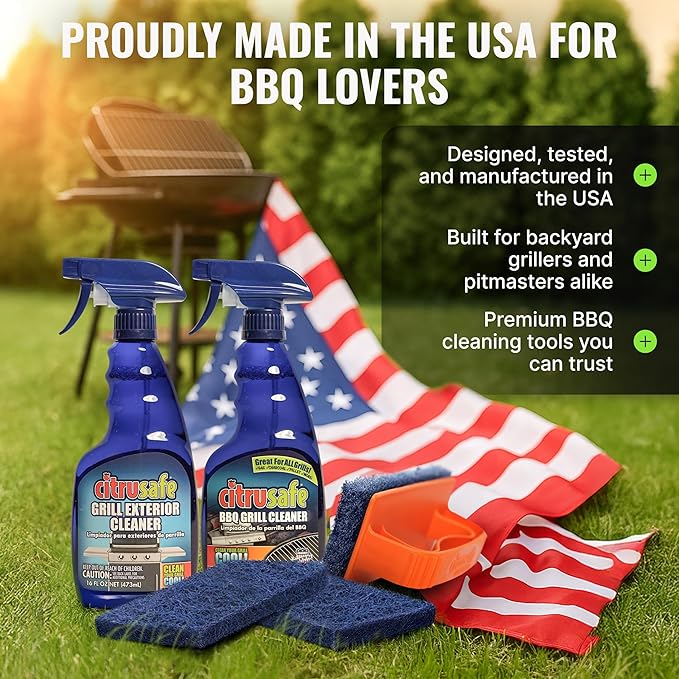 Citrusafe Grill Cleaning Kit - BBQ Cleaner Spray, Grill Exterior Spray, 2 Scrubber handles and 12 Scrubbing Pads