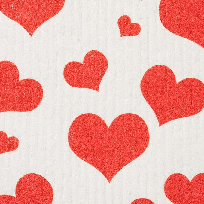 Swedish Dishcloths 2-Pack - Super Absorbent Reusable Cellulose Sponge Cloths, Eco-Friendly Kitchen Cleaning Towels, Machine Washable, Flying Hearts Design, 7.87"x6.88"