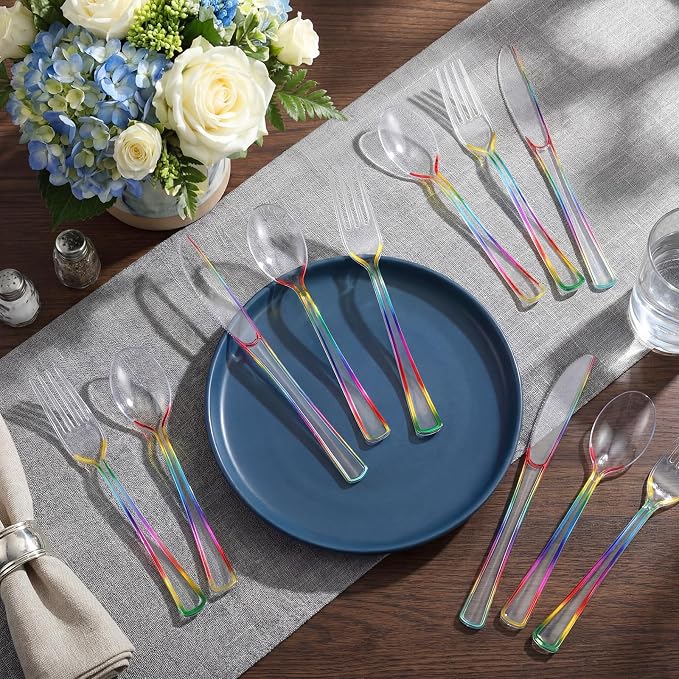 Minatee 150 Pcs Rainbow Plastic Silverware, Clear Disposable Cutlery Set Heavy Duty Utensil Sets 50 Forks 50 Knives 50 Spoons for Birthday Party Home Office School Picnics Restaurant Outdoor Events