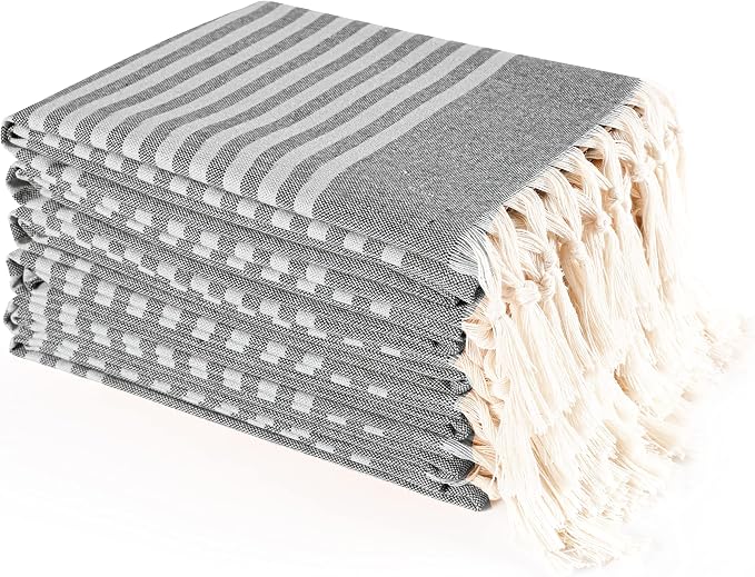 TWINY threads Set of 6 100% Cotton Turkish Kitchen Towels with Hanging Loop & Tassels (18" X 28") | Ultra Washcloth with Fringes | Reusable Hand Towels - Black