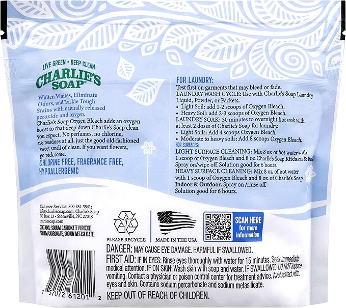 Charlie's Soap Oxygen Powered Bleach Powder, Color Safe For Clothes, Safe Bleach for White Clothes, An Unscented Fragrance Free Non Chlorine 1.3 lbs (2 Pack)