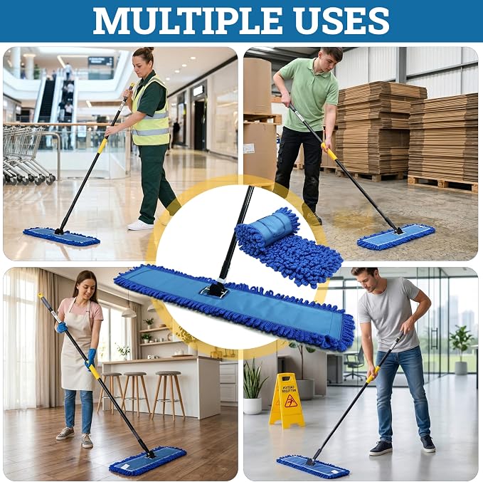 KLEEN HANDLER 24" Microfiber Dust Mop with Frame and 61" Extendable Clip-On Handle (2 Mop Heads, 1 Frame, 1 Handle), Commercial Dust Mop Kit for Floor Cleaning
