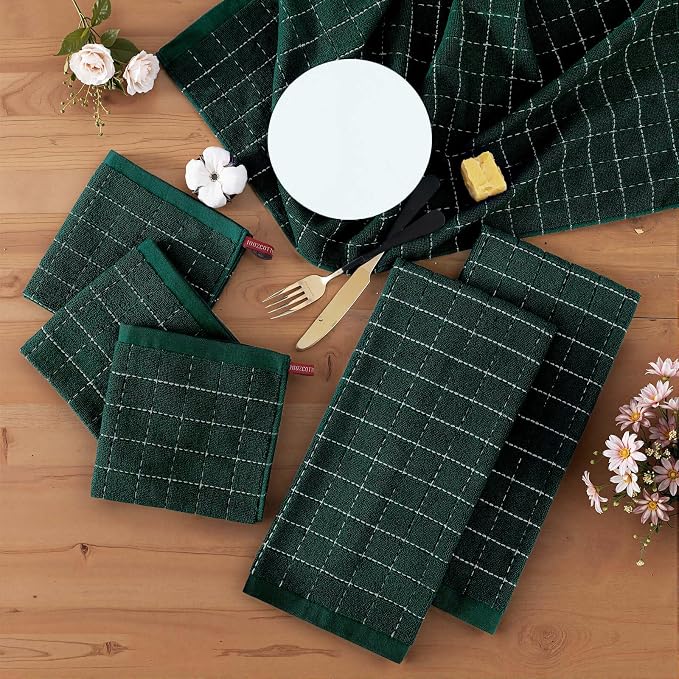 Homaxy Kitchen Towels and Dishcloths Set, 12 x 12 and 13 x 28 Inches, Set of 10 Bulk Cotton Terry Kitchen Towels Set, Checkered Designed, Soft and Super Absorbent Dish Towels, Blackish Green