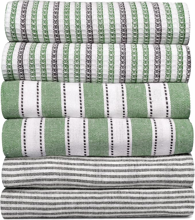 Pack of 6 Cotton Kitchen Towels Set, Dish Towels, Cleaning Rags, Kitchen Dish Cloths for Washing Dishes, Cotton Cleaning Cloths, Ultra Soft, Lightweight & Quick Dry, Flat Weave, 28"x18" (Olive & Gray)