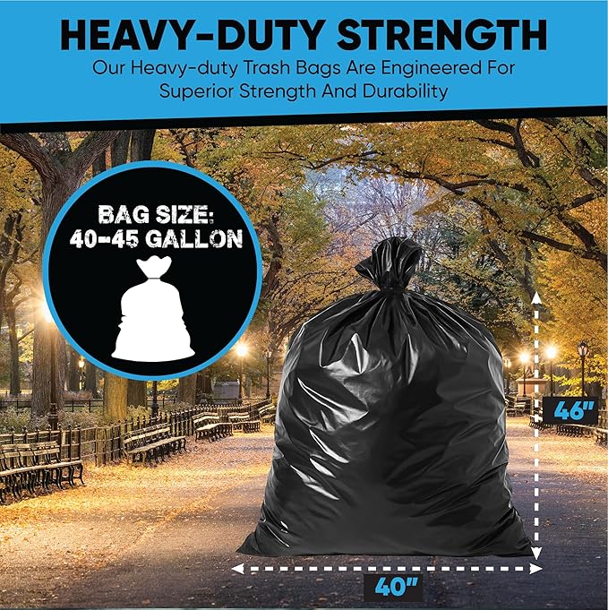 45 Gallon Trash Bags Heavy Duty | 100 Count | Fits 39 Gallon, 40 Gallon, 44 Gal, 45 Gal Trash Cans | Large Black Garbage Bags for Outdoor, Leaf, Commercial Use