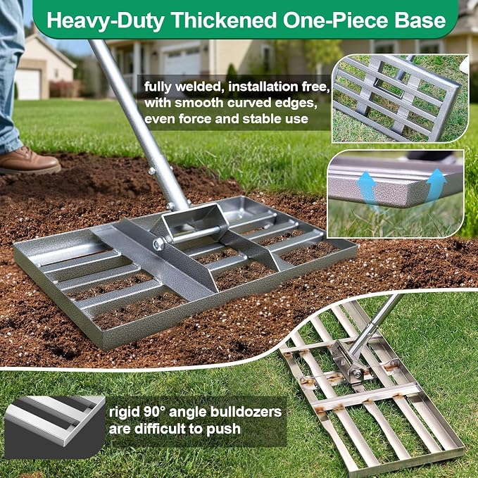 Lawn Leveling Rake, 17" x 10" Heavy Duty Lawn Leveler Tool with 57" Handle, Carbon Steel Ground Leveling Rake for Spreading Soil, Sand, Dirt & Top Dressing, Yard Garden Lawn Tool