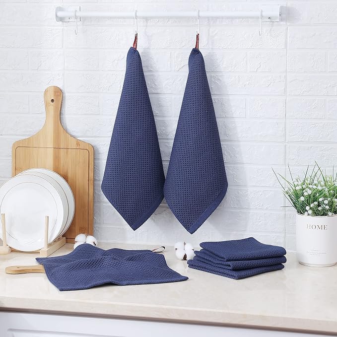 Kitinjoy 100% Cotton Kitchen Dish Cloths (12 X 12 Inches, Navy Blue), 8 Pack Waffle Weave Ultra Soft Absorbent Dish Towels for Drying Dishes Quick Drying Kitchen Towels Dish Rags