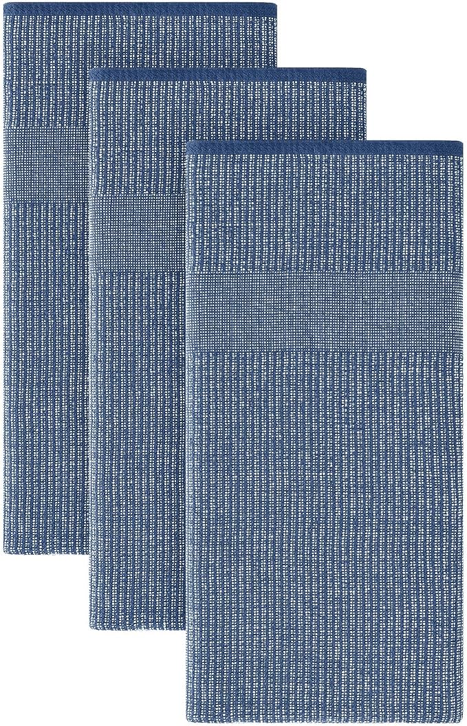 Homaxy Premium Kitchen Towels(18”x 28”, 3 Pack), Large Cotton Kitchen Hand Towels, Flat and Terry Dish Towels, 380 GSM Highly Absorbent Tea Towels Set with Hanging Loop, Navy Blue